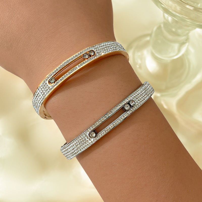 Vintage Geometric Titanium Steel Plated Cubic Zirconia Sliding Bracelet for Women