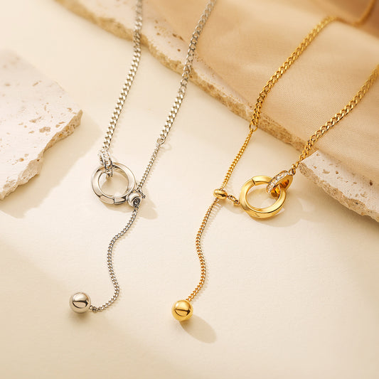 Minimalist Geometric Pendant Necklace for Women in Titanium Steel with Real Gold Plating and Zircon Inlay