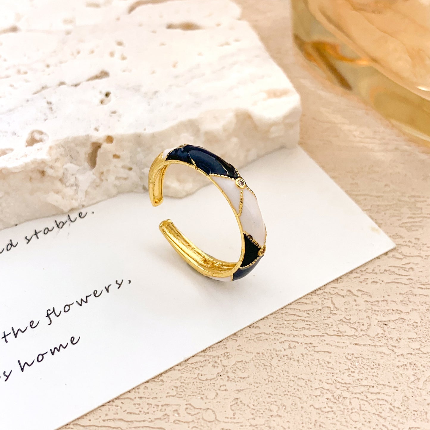 Sweet Geometric Checkered Alloy Drip Oil Plated Adjustable Ring for Women