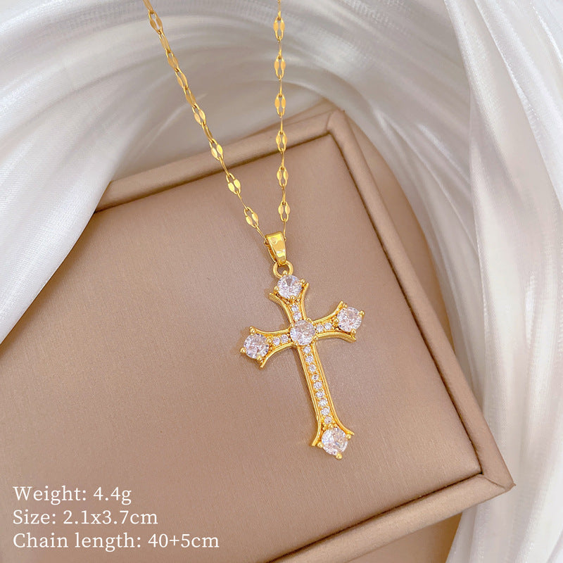 Collana Pendente a Croce Minimalista in Acciaio Inossidabile con Intarsio di Zirconi per Donna e Uomo, Delicata Catena a Clavicole