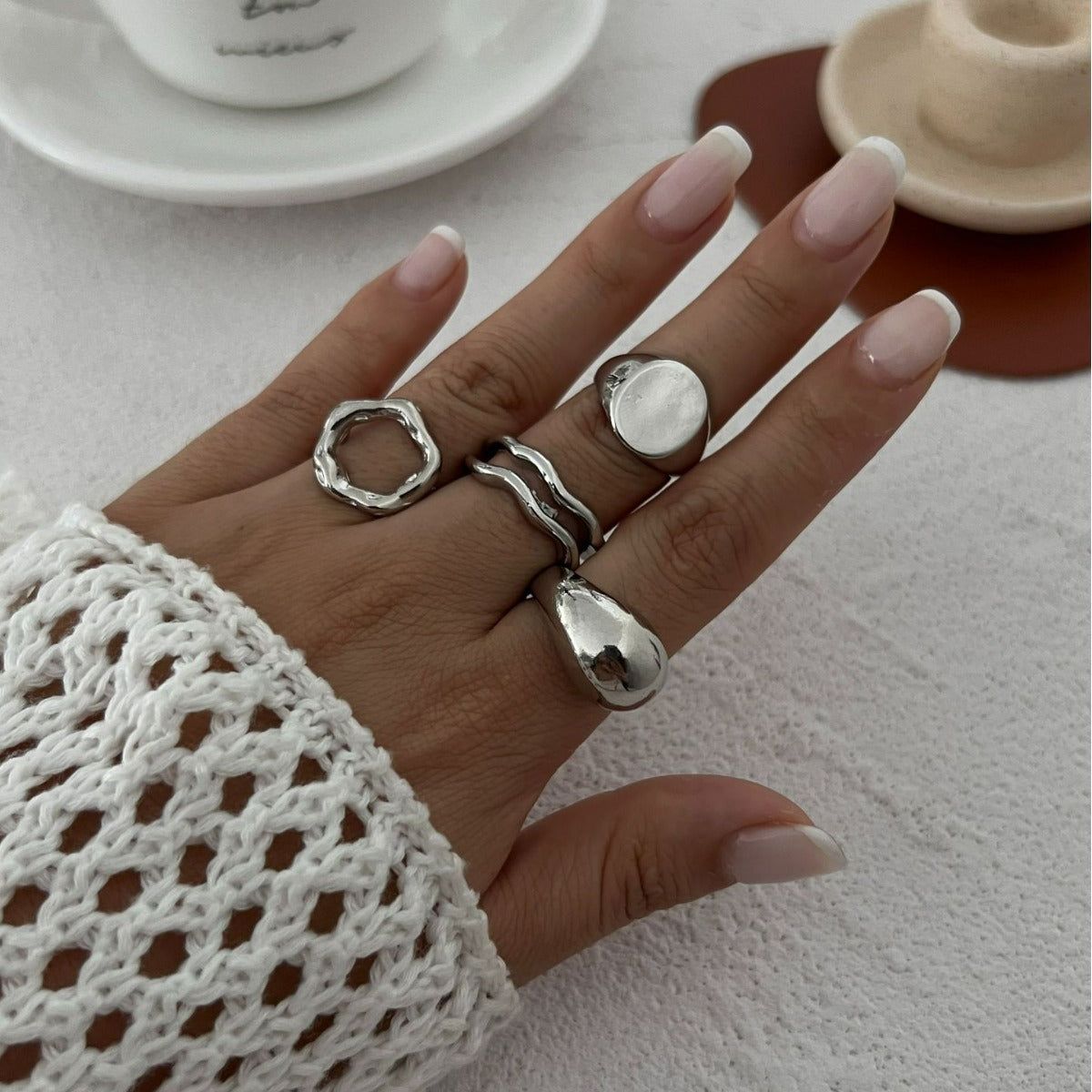 Geometric Smooth Plated Alloy Ring Set for Women