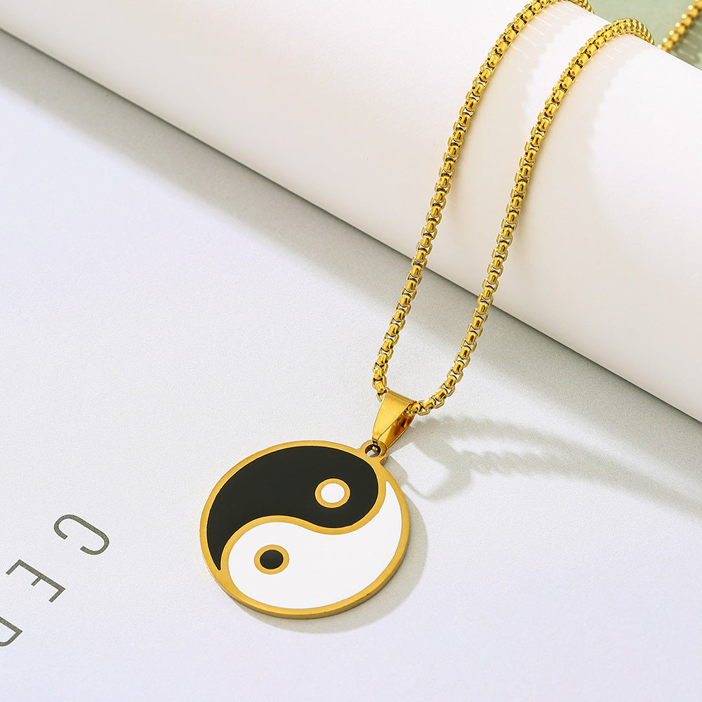 Collana pendente geometrica stile cinese Yin Yang in acciaio inossidabile con finitura smaltata per unisex, collana con catena di perle