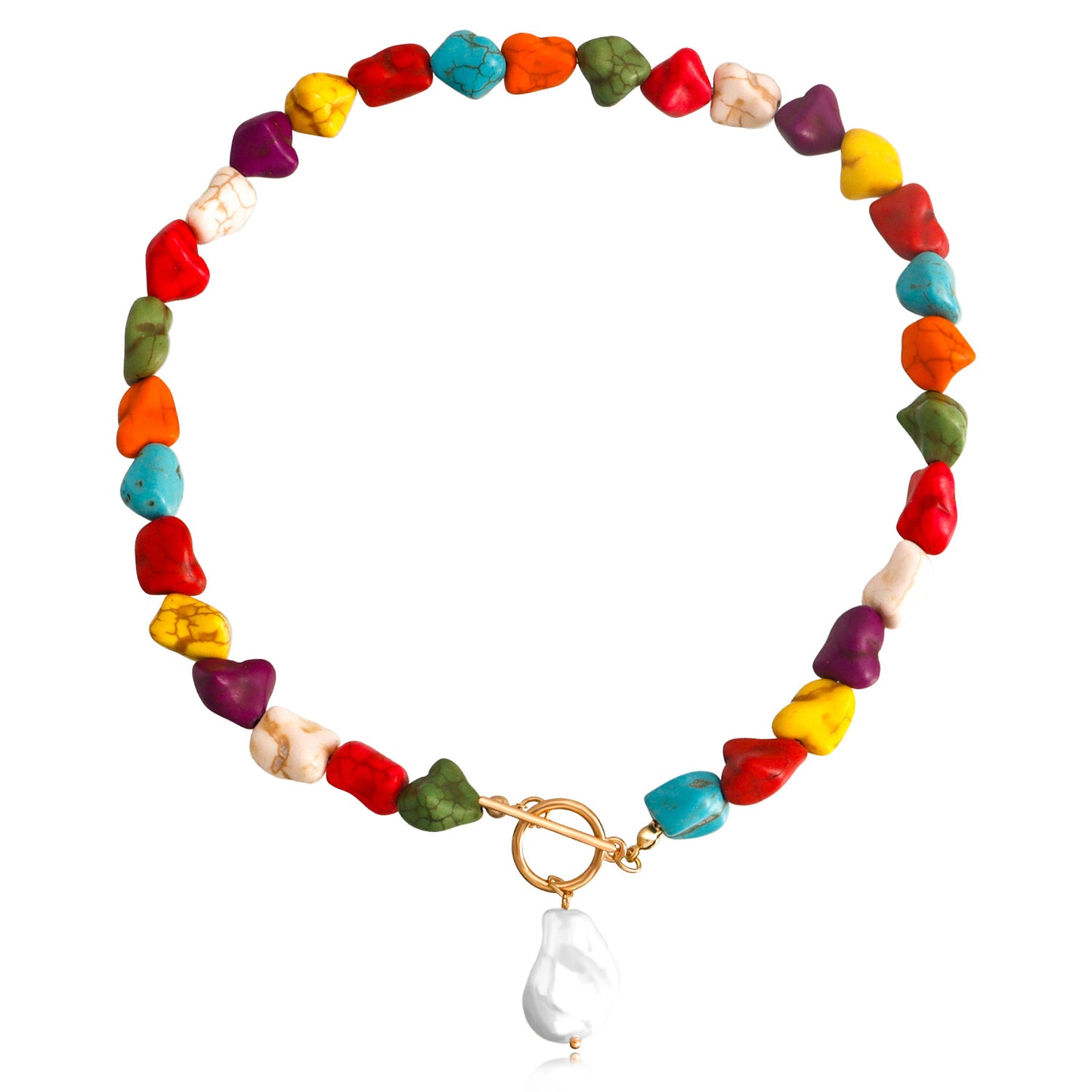Natural Style Irregular Turquoise and Pearl Pendant Necklace for Women with Geometric Shape Alloy Chain and Electroplated Finish