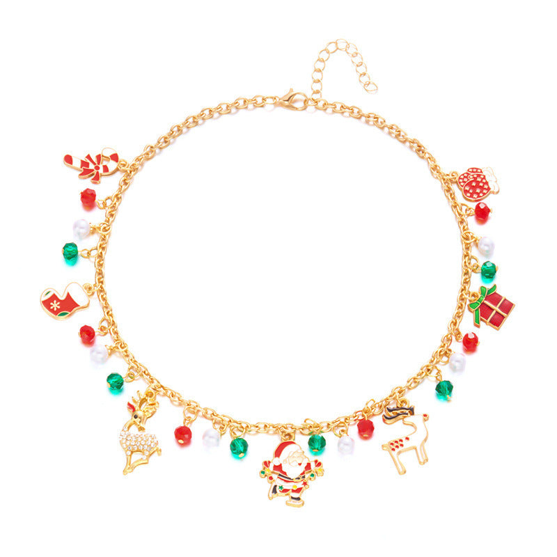 Fashionable Christmas-Themed Pendant Necklace for Women with 3D Floral Design Zinc Alloy Base Electroplated Finish Featuring Santa Snowflake and Jingle Bell Motifs