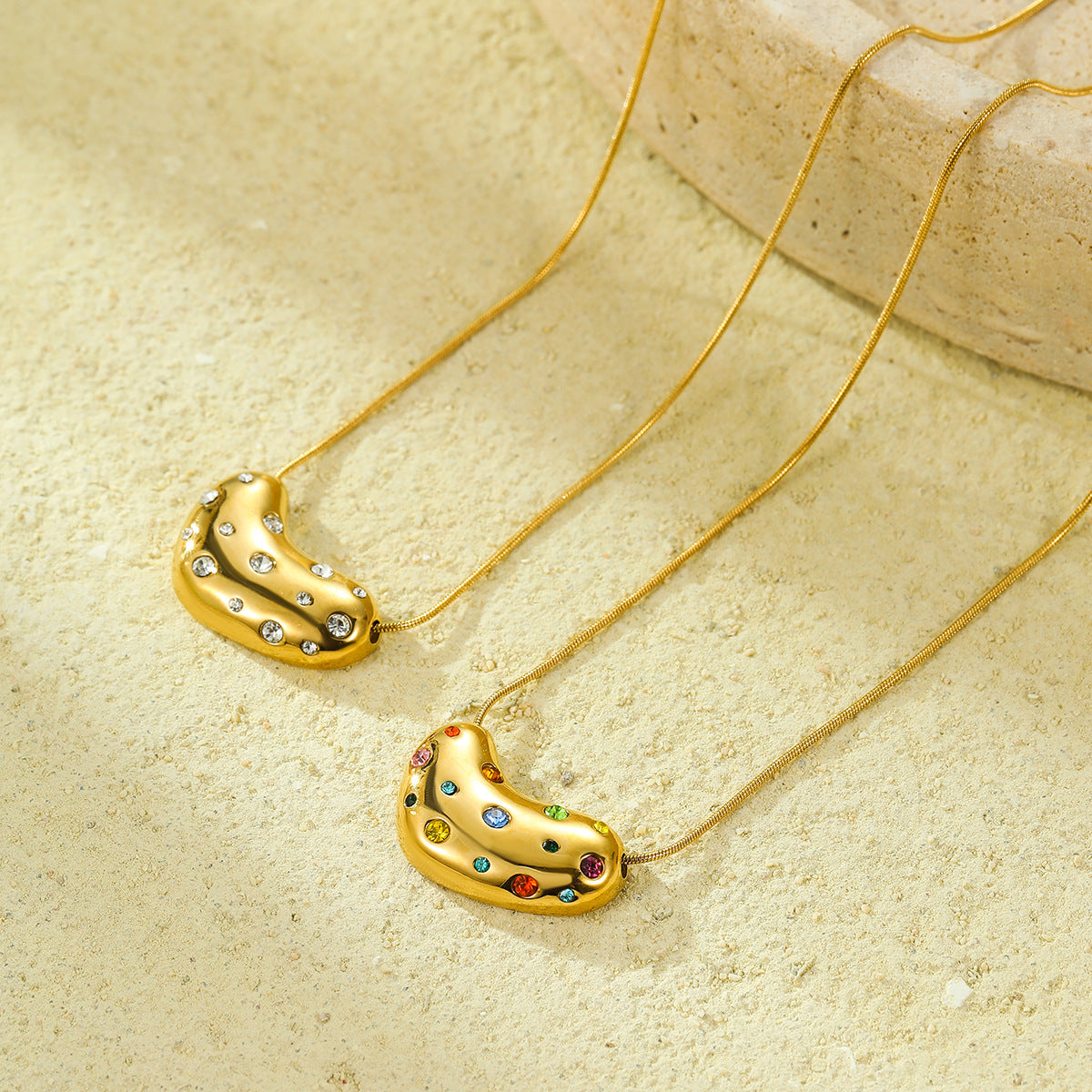 Minimalist Geometric Titanium Steel Snake Chain Necklace with 18K Gold Plated Heart Pendant and Colored Zircon Inlay