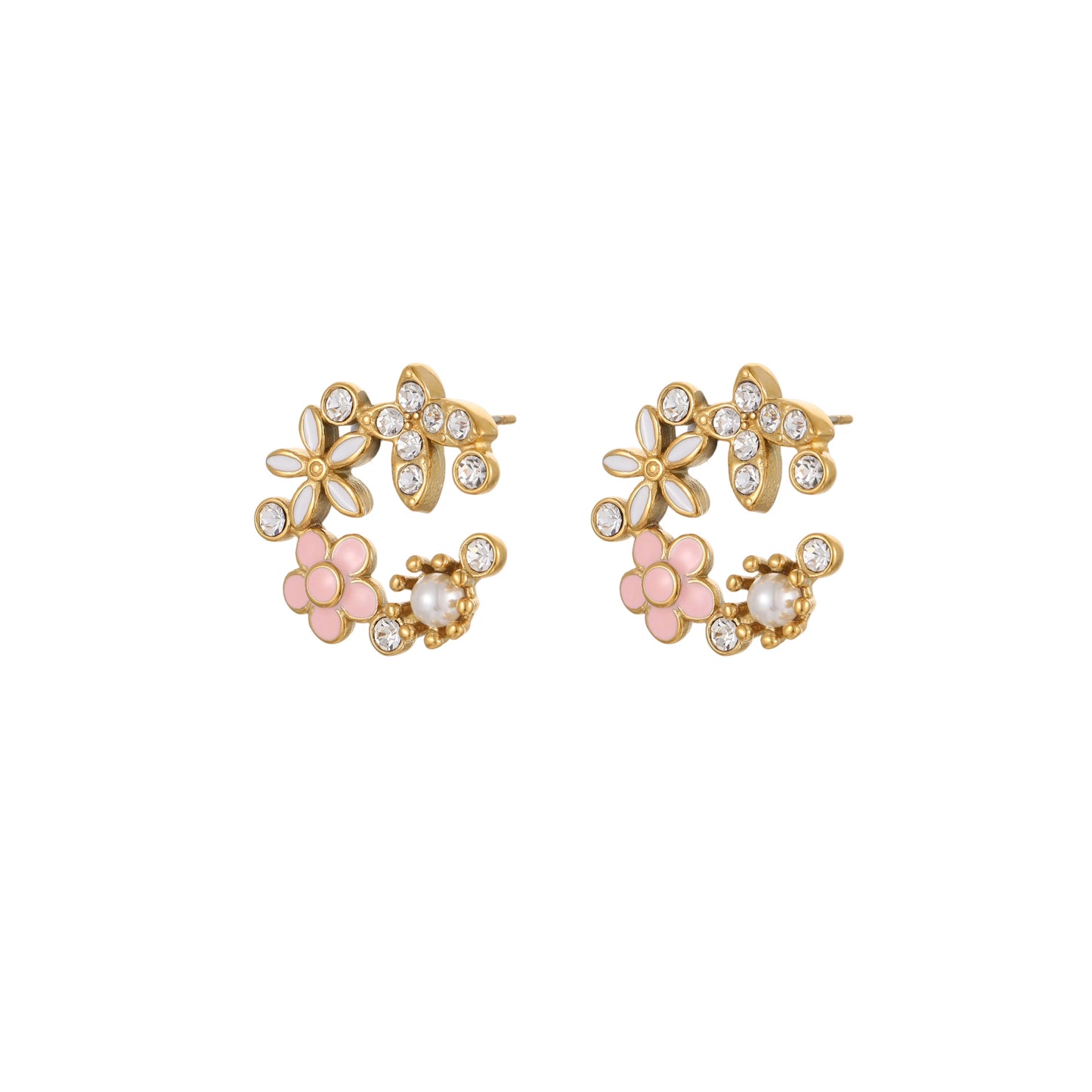 Pendientes de tuerca de lujo de acero de titanio con diseño floral, acentos de pedrería y baño de oro de 18 quilates