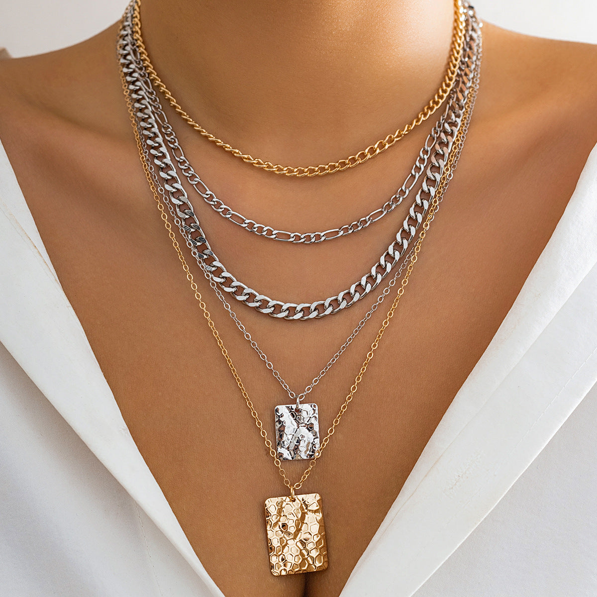 Hip-hop Geometric Square Crystal Pendant Plated Alloy Necklace Singapore Chain Layered Set for Women
