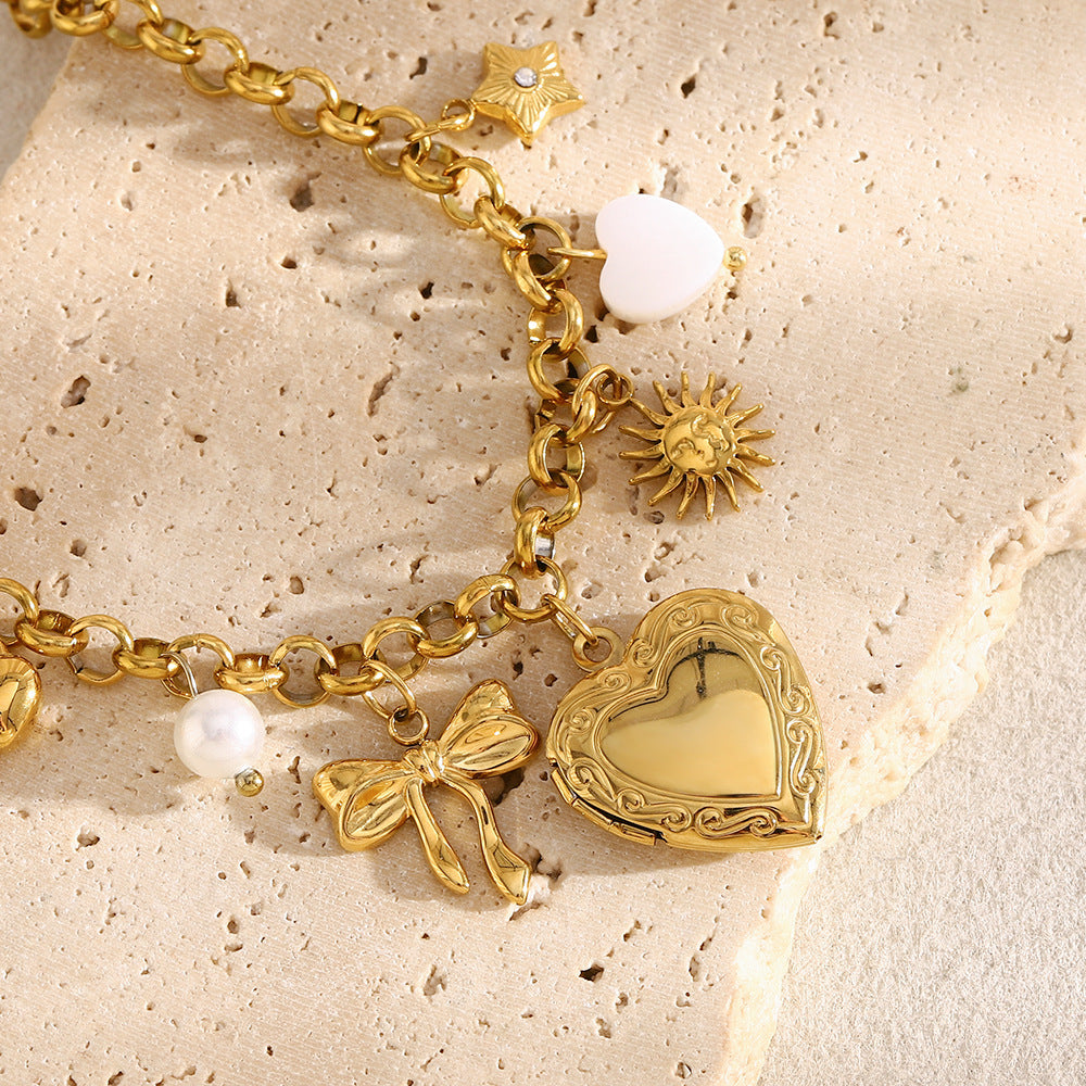 Fashionable Minimalist Heart and Butterfly Pendant Bracelet in Stainless Steel with 18K Gold Plating for Women