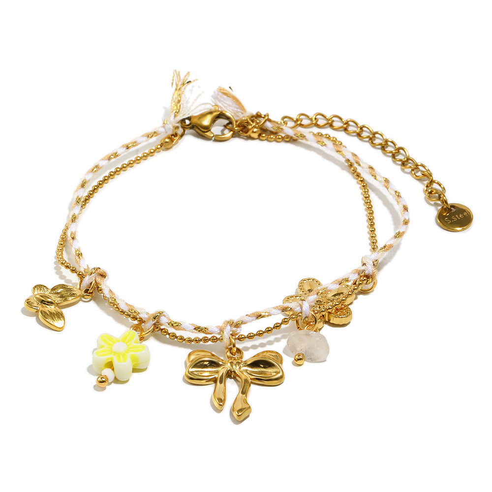 Minimalist Casual Stainless Steel Vacuum Plated 18K White Gold Rope Bead Chain Bracelet for Women