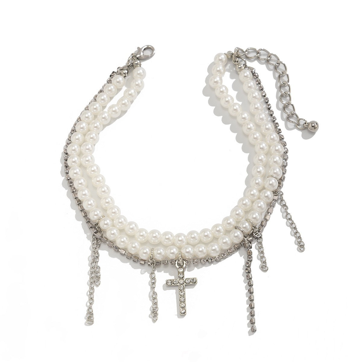 Minimalist Cross Beaded Imitation Pearl Rhinestone Ball Chain Anklet for Women