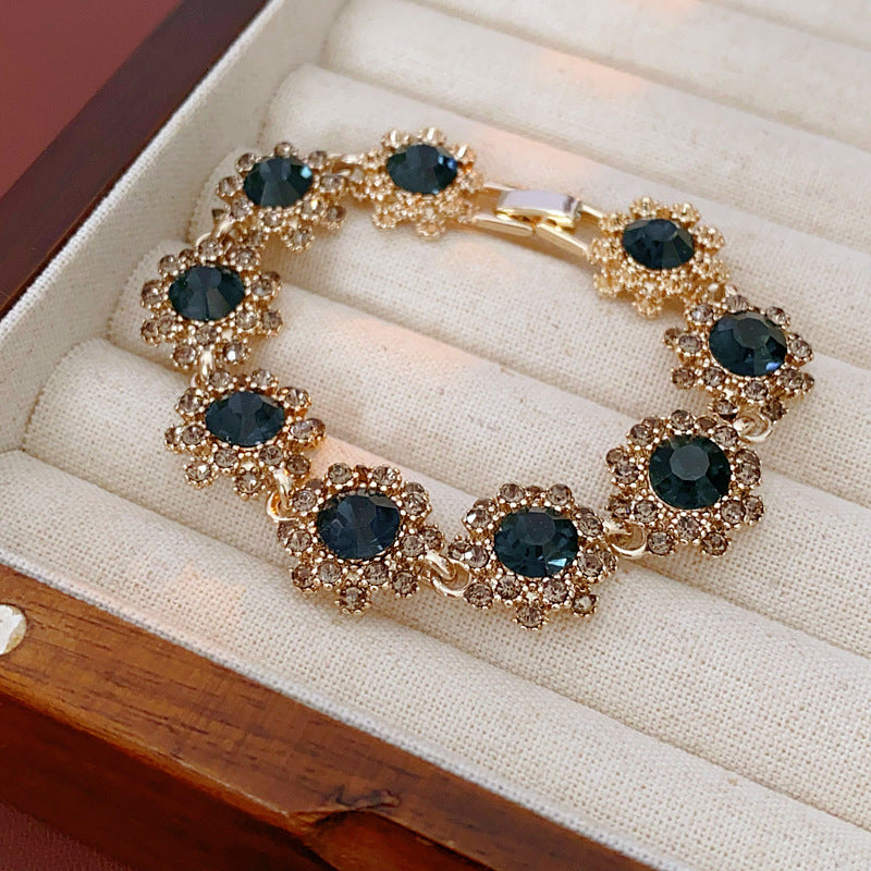 Vintage Floral Flower Earrings Bracelet Necklace Set for Women Alloy Jewelry with Rhinestone Inlay Locket Chain Minimalist Elegant Luxury Style