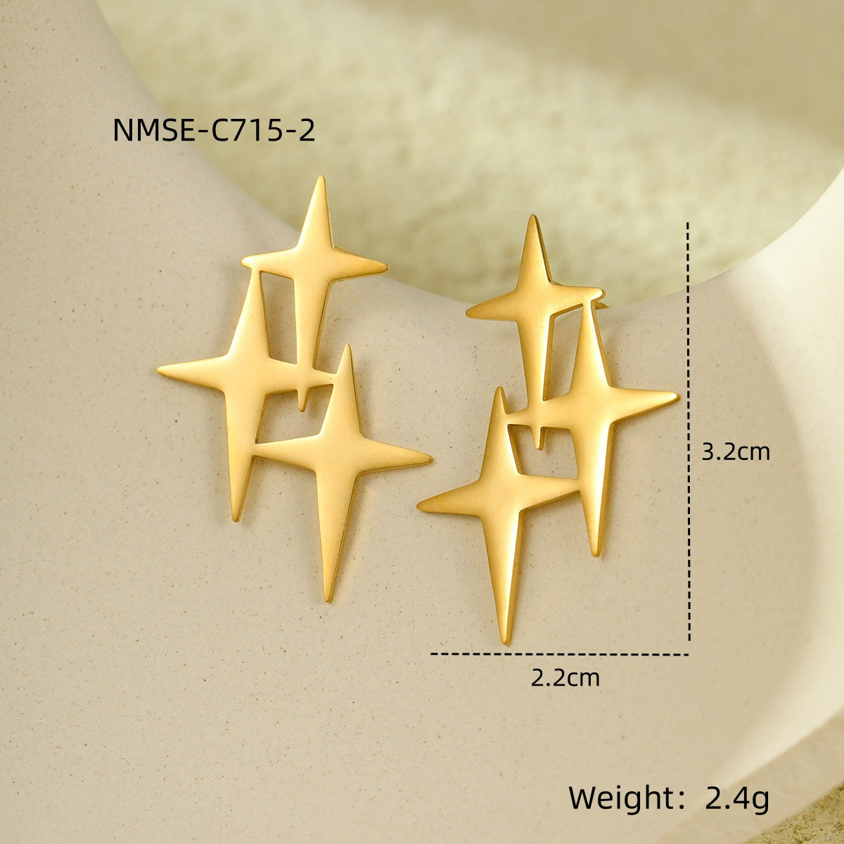 Pendientes vintage con forma de estrella de acero inoxidable chapados en oro para mujer