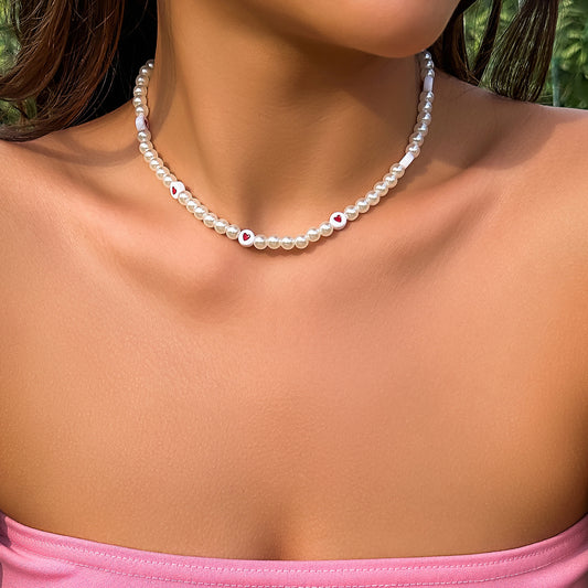 Collar con colgante de perlas de imitación en forma de corazón estilo floral rústico para mujer con cadena de perlas