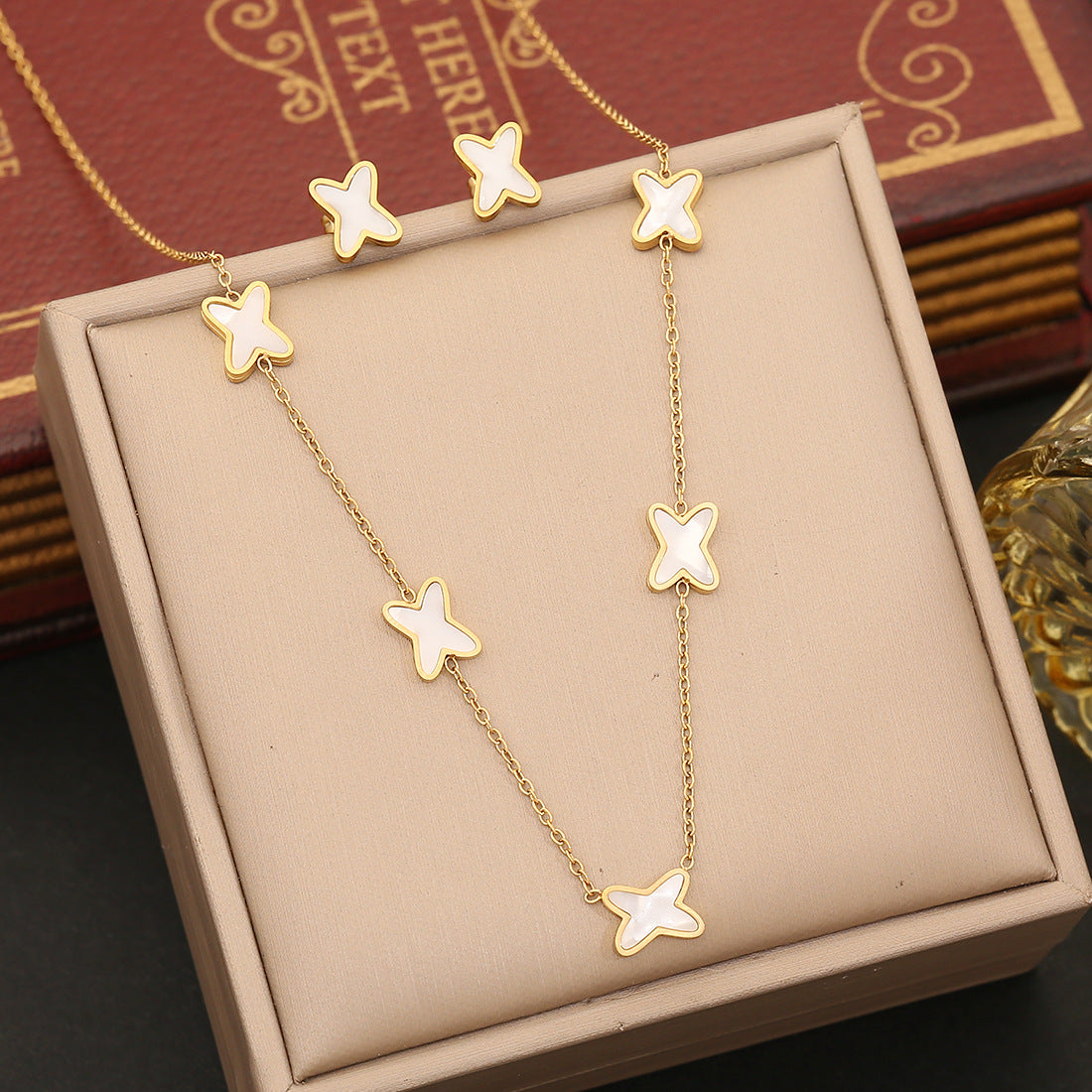 Geometric Asymmetrical Stainless Steel Pendant Necklace Set with Beveled Square Accents for Women