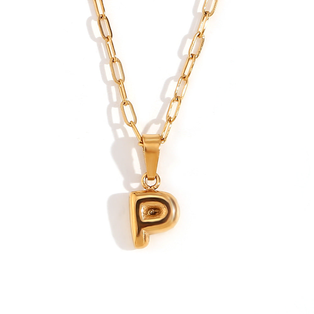 Minimalist Fashion Letter Pendant Necklace in Stainless Steel with 18K Gold Plating, Bubble-Inspired Mini Safety Pin Design for Women