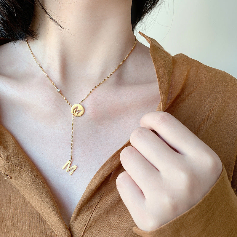 Minimalist Letter Shape Titanium Steel Necklace for Women with Adjustable O-Chain and Delicate Gold-Tone Finish