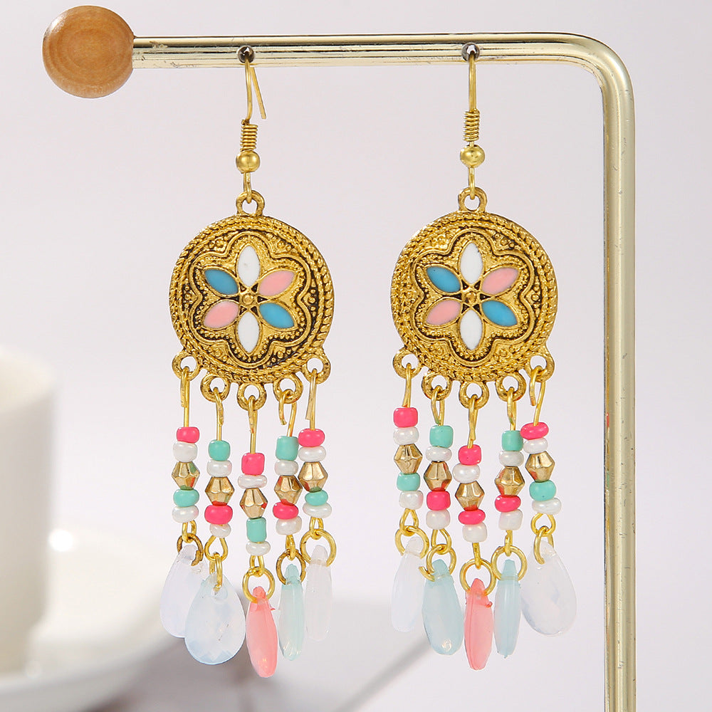 Bohemian Ethnic Geometric Round Drip Oil Plated Alloy Tassel Earrings for Women