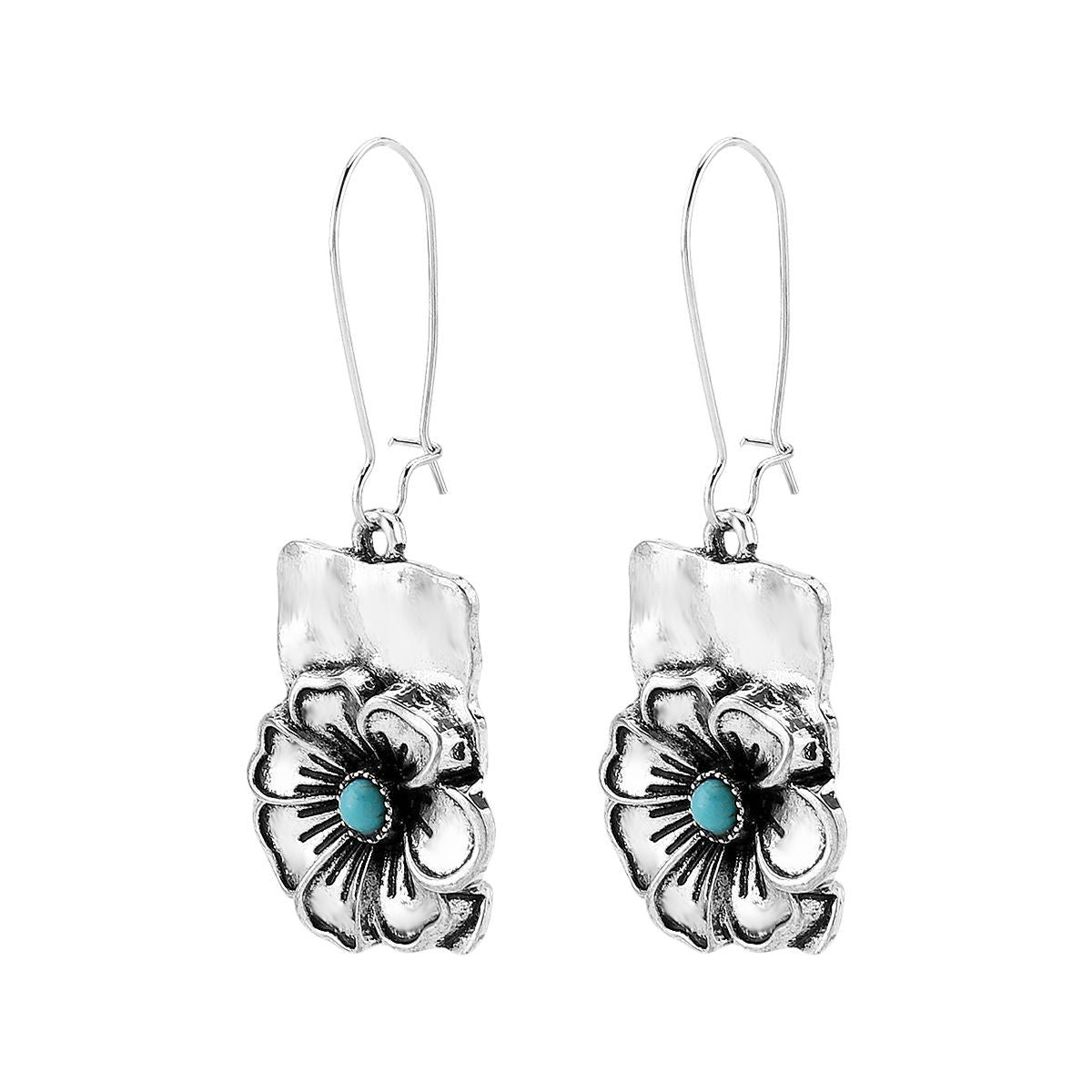 Pendientes étnicos vintage de aleación con diseño de cactus tallado y acabado envejecido, incrustaciones de turquesa para mujer