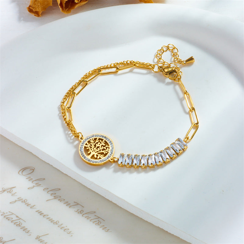 Bracciale in acciaio inossidabile con ciondolo tondo irregolare albero della vita di ispirazione vintage e cristalli pavé