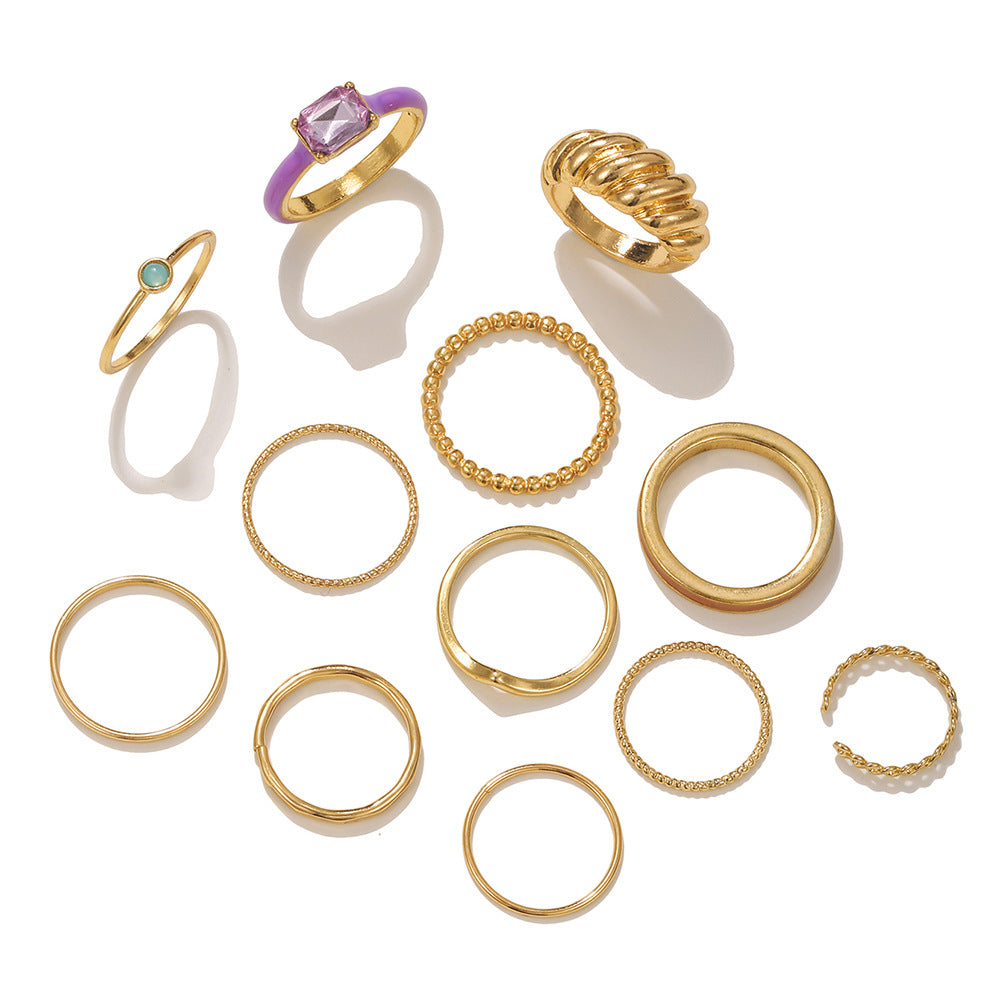 Minimalist Sweet Gold Plated Geometric Round Alloy Rhinestone Knuckle Ring Set for Women