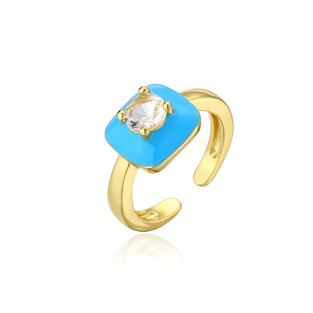 Gold Plated Brass Square Ring with Cubic Zirconia Inlay and Drip Oil Detail for Women