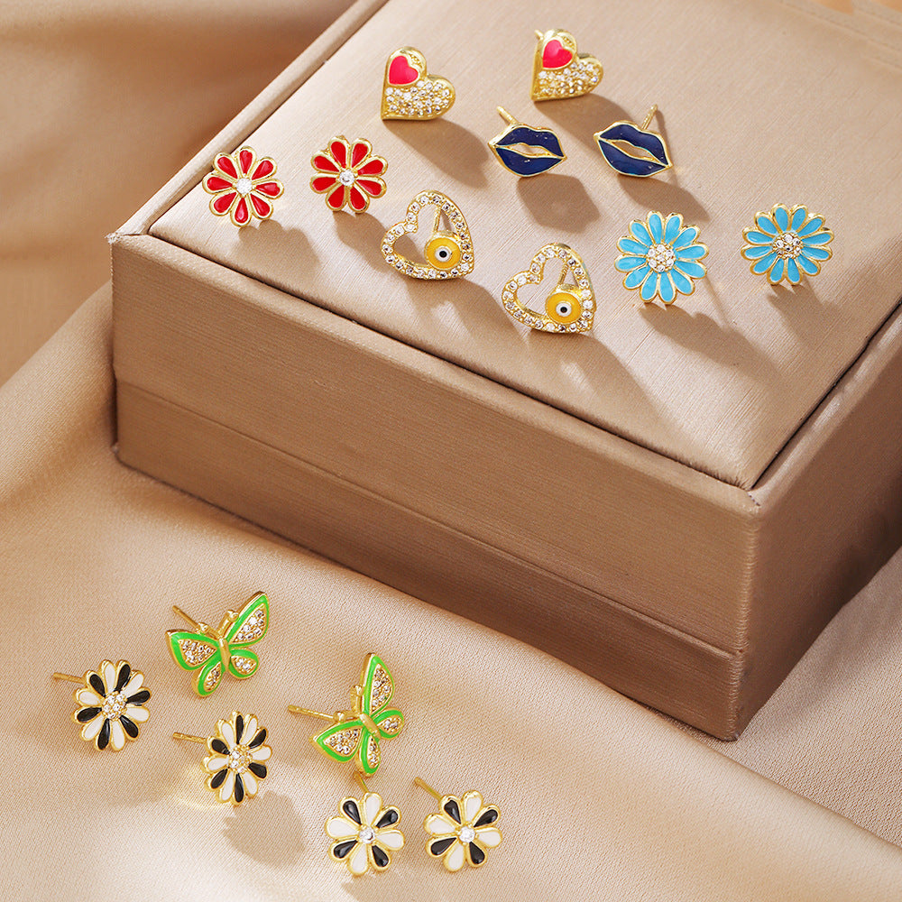 Unique Drip Oil Rainbow Floral Lips Bee Brass Cubic Zirconia Stud Earrings for Women