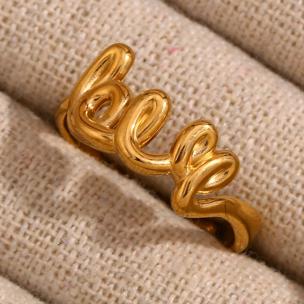 Anello apribile "LOVE" minimalista e alla moda per donna, in acciaio inossidabile placcato oro 18 carati