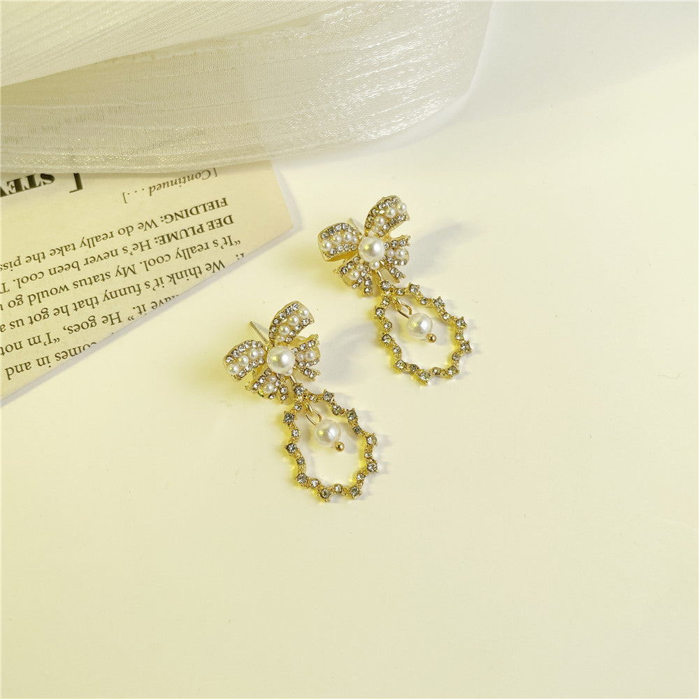 Vintage Elegant 925 Sterling Silver Bow Pearl Rhinestone Plated Alloy Drop Earrings with Tassel