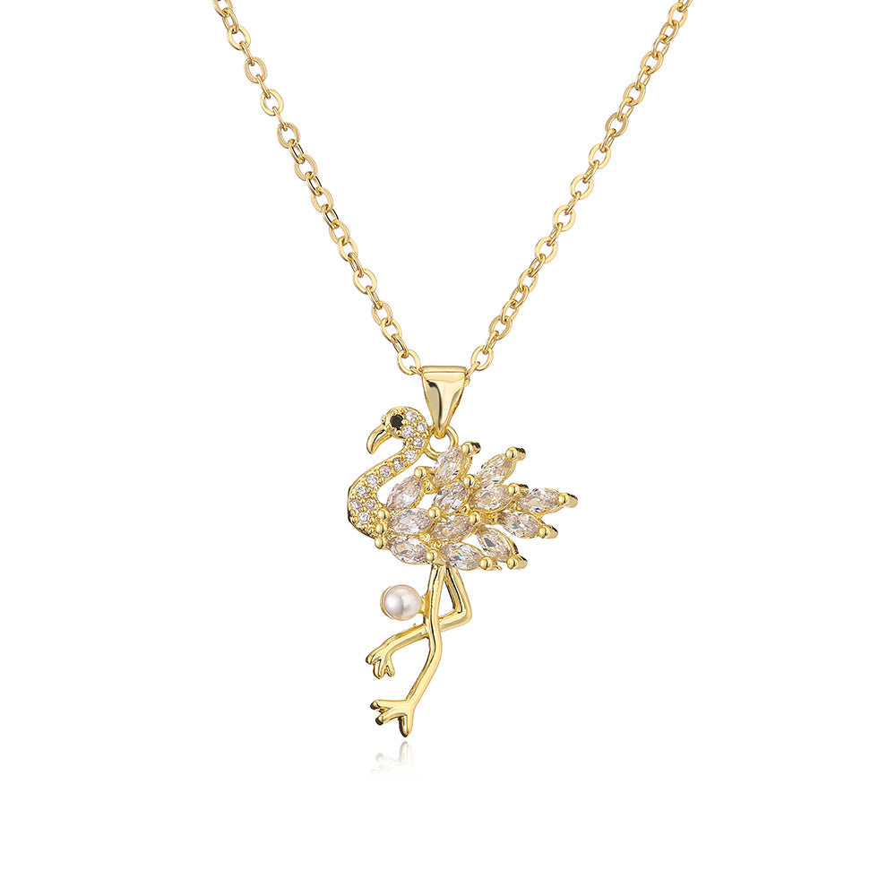 Minimalist Flamingo Pendant Necklace for Women in Copper with Colorful Zircon Inlay