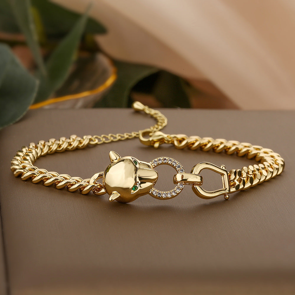 Fashionable Leopard-Shaped Geometric Cuban Link Bracelet for Women in Brass with Real Gold Plating and Micro-Pave Zirconia
