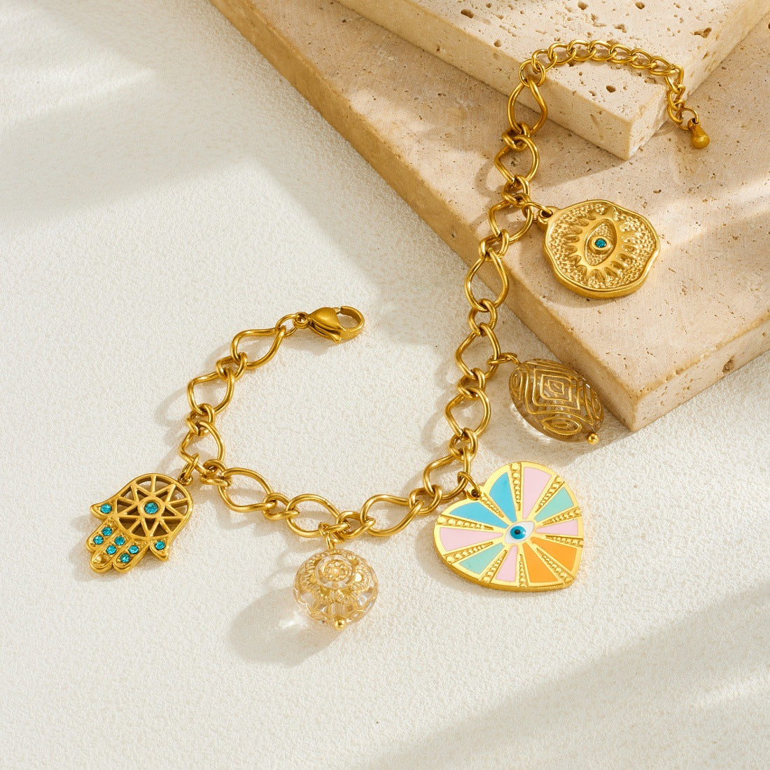 Elegant Gold Plated Drip Oil Striped Cartoon Heart Stainless Steel Bracelet