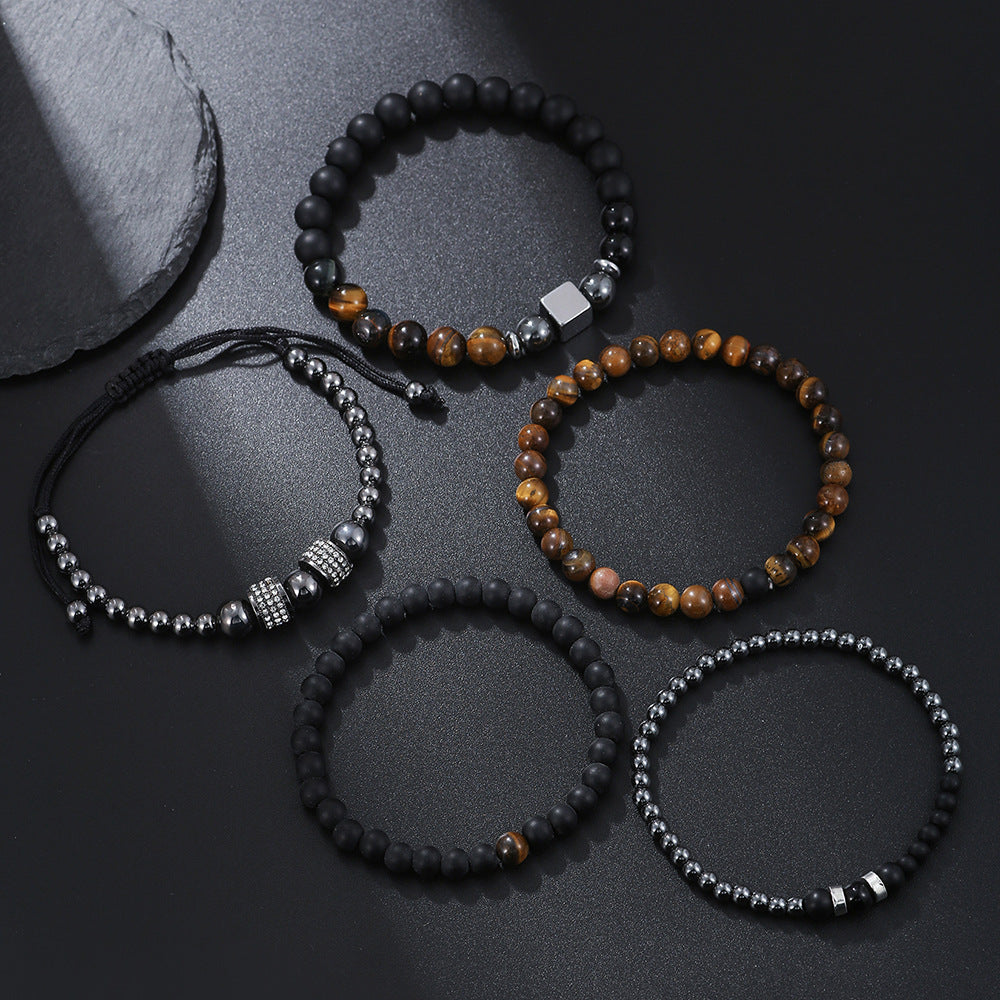 Natural Tiger's Eye and Hematite Beaded Bracelet Set with Cubic Zirconia Accents for Men and Women DIY Charm Bar