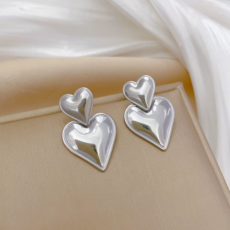 Minimalist Geometric Double Heart Titanium Steel Stud Earrings with Plating Finish for Women
