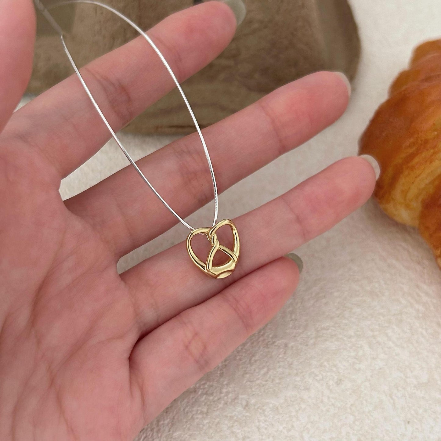 Minimalist Heart-Shaped 925 Sterling Silver Snake Chain Necklace with Plated Finish