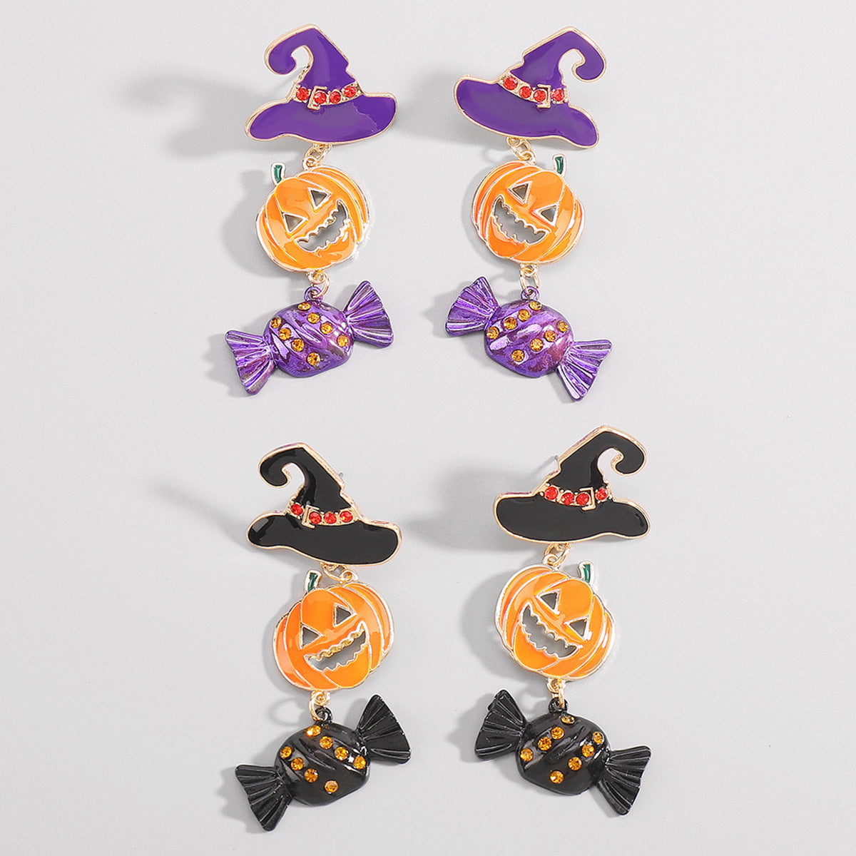 Pendientes llamativos de Halloween con calabaza y calavera, de aleación con detalles de pedrería y acabado galvanizado, para mujer