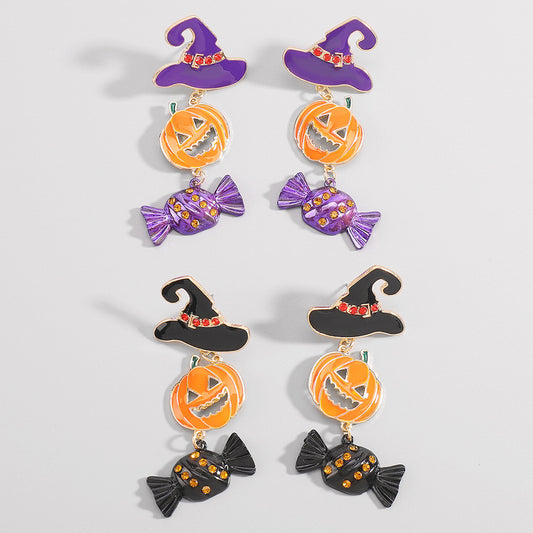 Cute-Edgy Halloween Pumpkin and Skull Statement Earrings for Women Alloy with Rhinestone Accents Electroplated Finish