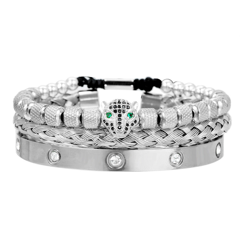 Vintage Geometric Leopard Head Micro-inlaid Cubic Zirconia Woven Stainless Steel Bracelet Set