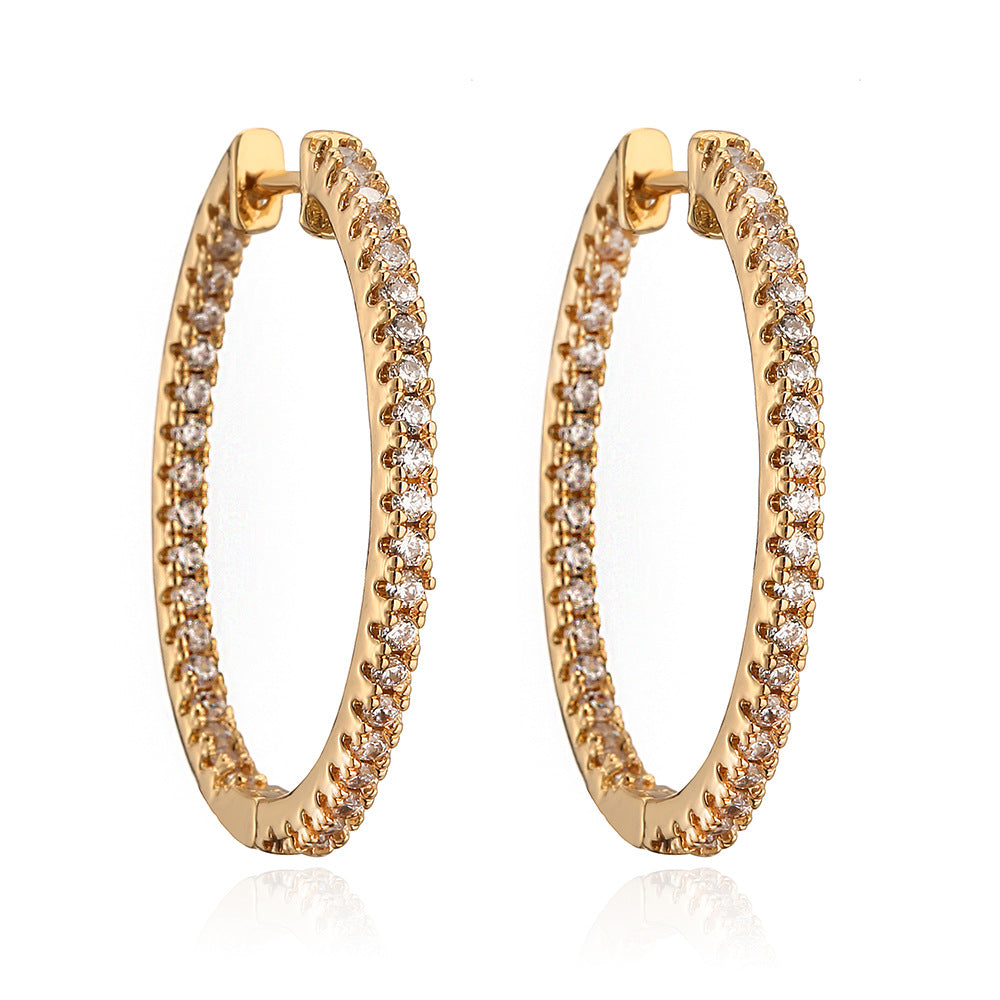 Orecchini a cerchio ovali minimalistici da donna in ottone con placcatura in oro vero e intarsio in zircone