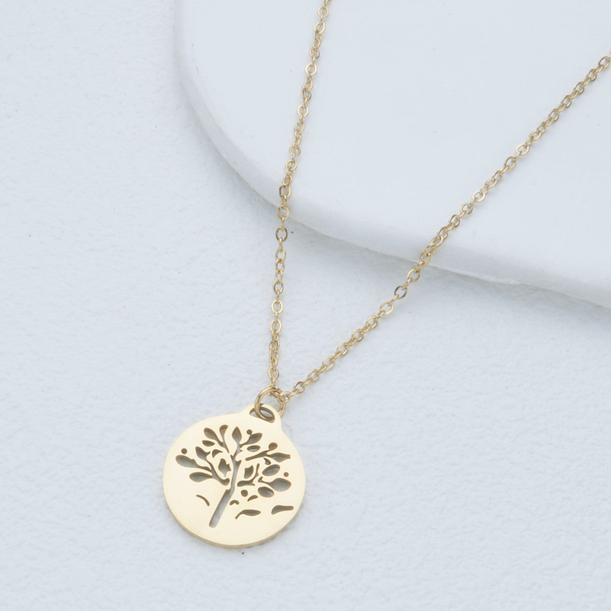 Minimalist Geometric Tree of Life Necklace in Stainless Steel with Titanium Steel Pendant and Plated Finish