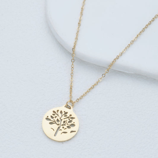 Minimalist Geometric Tree of Life Necklace in Stainless Steel with Titanium Steel Pendant and Plated Finish