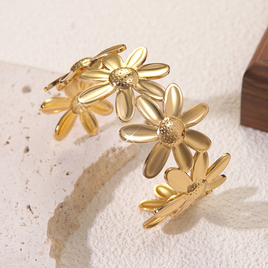 Vintage Luxury Floral Stainless Steel Drip Oil Wide Open Cuff Bracelet for Women