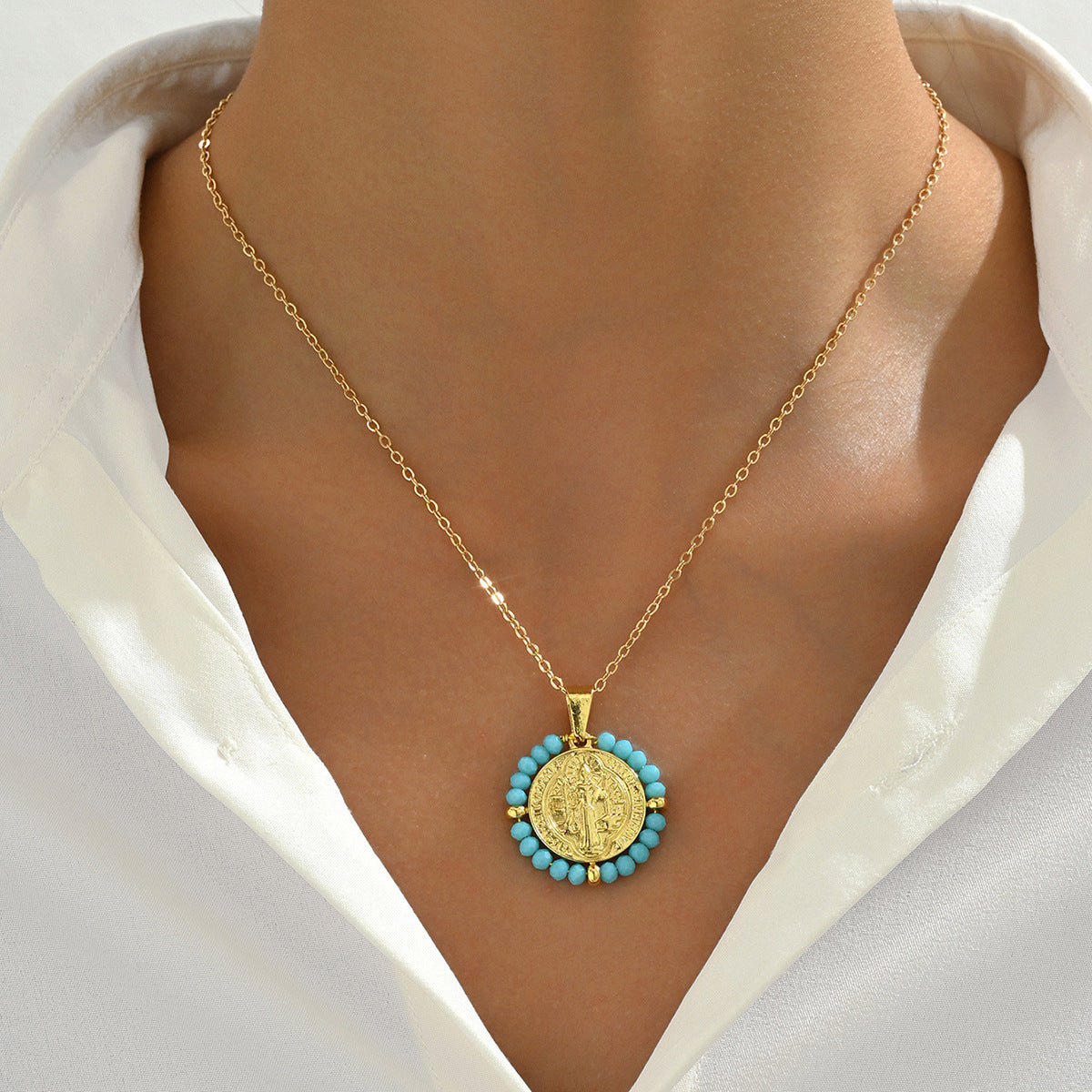 Collana pendente con perline a rombi geometrici in stile bohémien da donna con catena in rame placcato