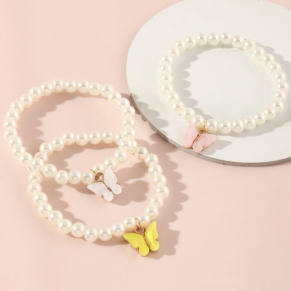Braccialetto con perle e ciondolo a forma di farfalla in stile cartone animato per bambine con design geometrico, gioielli fatti a mano per bambini