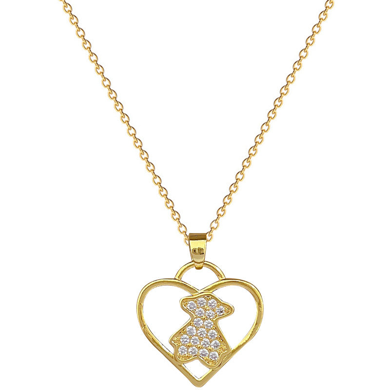 Collana Pendente a Orsetto Minimalista a Cuore con Intarsi in Strass su Catena in Acciaio al Titanio per Donna e Uomo