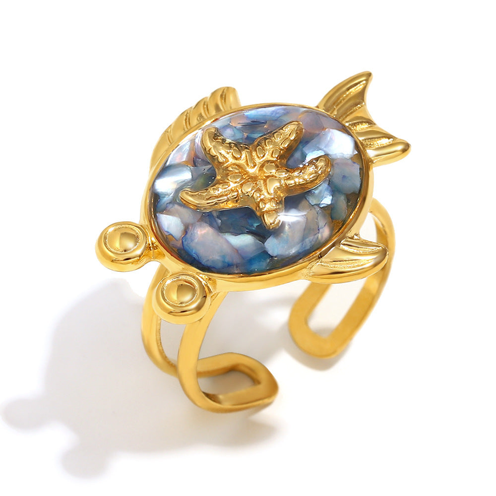 Fashion Geometric Stainless Steel Ring with 18K Gold Plating Featuring Crossed Lines Fishbone Floral Crab and Turtle Motifs