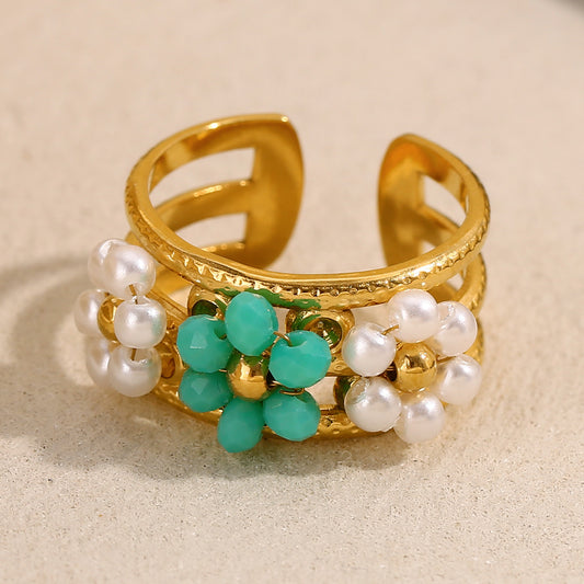 Bohemian Style Floral Geometric Stainless Steel Plated 18K Gold Adjustable Beaded Ring for Women