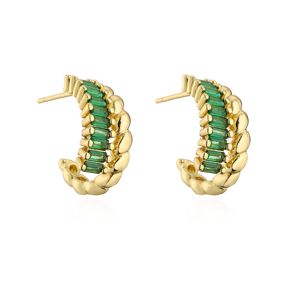 Geometric C-Shaped Copper Earrings with 18K Gold Plating and Micro-Paved Zirconia for Women