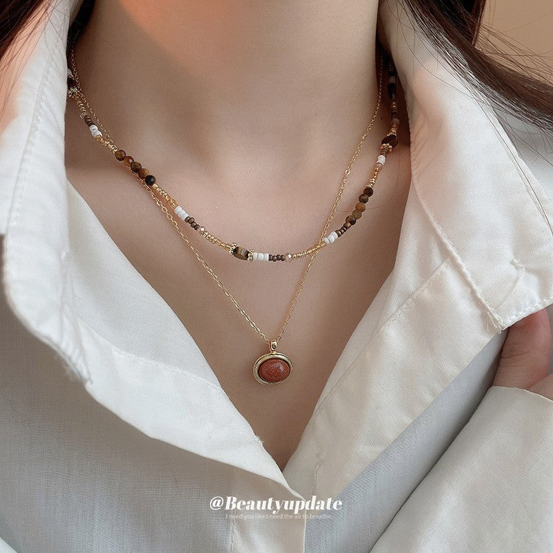 Collana con Ciondolo Vintage a Occhio di Tigre Geometrico Placcata Oro 18K Lunga per Maglione da Donna