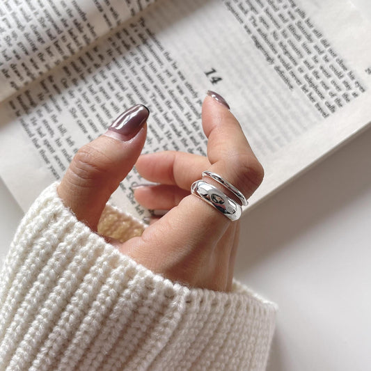 Minimalist Irregular Double-Textured Silver Ring for Women 925 Sterling Silver Band with Concave-Convex Surface Detail