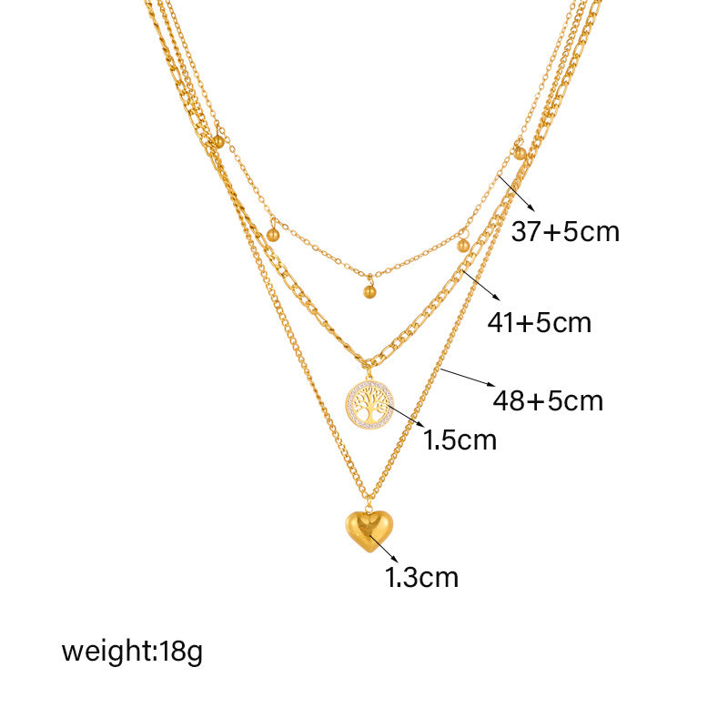 Collar minimalista vintage de titanio y acero con colgante multicapa de corazón del Árbol de la Vida y acabado chapado